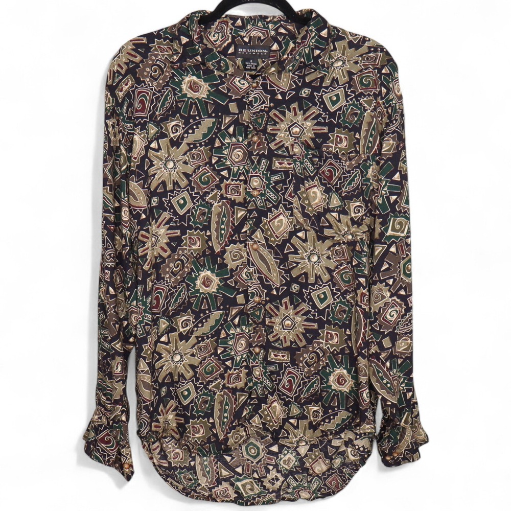 Reunion Menswear Vintage Size S Abstract Print Rayon Shirt Small Button Down